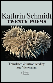 The jacket is designed in three horizontal bands of equal sizes. The top and bottom band is white. The middle is black and features the photograph of what is probably an eleborate paper folding with numerous petal-like spikes, but it looks like the head of a flower, a chrysanthemum perhaps. The author's name is in black lower case in the top band, huge, so it takes the full width of the jacket. All text is centred. Below the name is TWENTY POEMS in smaller thick, chunky caps. In the bottom third, also in black, and much smaller and spread over two lines, are the words: Translated & (ampersand) introduced by Sue Vickerman.