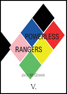 The jacket is white but a design of brightly coloured diamond shapes is grouped (in roughly a diamond shape itself) in the centre. So we have black, blue, pink, green, yellow and red diamonds (like the diamond shapes on the Power Ranger superhero suits), and the title appears in large caps over this. The author's name, in much smaller caps is low down on the bottom diamond. The logo of the press is at the foot of the jacket on the white area.