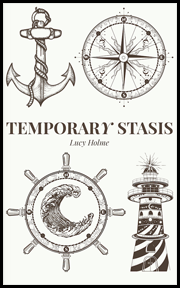 The jacket is white with monochrome design, but the colour is not black, I think, but dark brown. This colour is also used for the title which is precisely in the middle, stretches the full width of the jacket and is in caps. Below it the author's name is centred in tiny italics. Above and below the heading there are huge, beautifully drawn symbols. In the top half an anchor and a compass, in the bottom half a ship's steering wheel with a currling wave (I think) inside it, and a lighthouse with stripes like a helter-skelter.