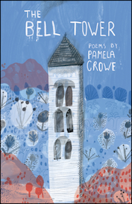 Mainly blue cover with white-out lettering. Painting of landscape with a white belltower and hills and flowers