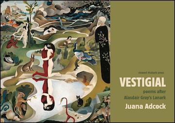 olive green landscape shape with rich painted scene on left hand side