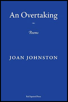 A royal blue cover with a plain white lettering, centred. An Overtaking at the top, the title, in bold lower case, then a little decoration of some kind, then POEMS in elegant italics, then further down the author's name in white caps. At the very bottom Red Squirrel Press in white italics and tiny.