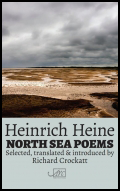 The top two thirds of the jacket shows a colour picture of a sandy shore, sea and thickly clouded sky. A painting, I think. The bottom third is white in background. All text is centred, and black or grey. First the German poet's name in very large lower case, filling the full width of the jacket. Below this the title in smaller thick bold print, also stretching the full width. Then the details of translator and selector in relatively small lower case, split over two lines. Finally the publisher's logo.