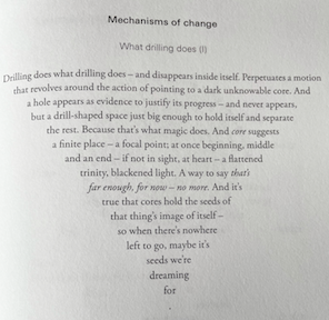 Photo of the first page of Mechanisms of change, showing the format of the poem which is a perfect triangle with point (as a full stop) at the bottom, and the widest side at the top. 