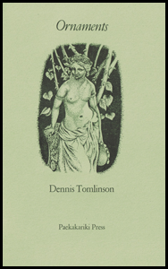 The jacket is pale green and features an engraving in the centre of the top two thirds, looks like a Roman goddess, maybe a wood nymph, in black. Above this the title in black italics, below it, the author's name in small lower case. The name of the press (like all text) is centred very small near the foot of the jacket.