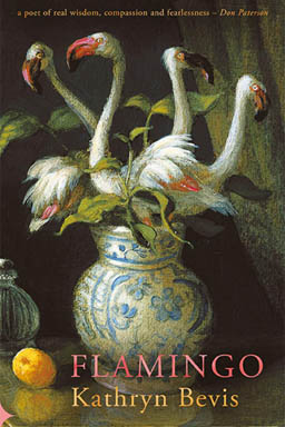 The jacket is filled with a full colour painting of a bellied blue and white vase filled not with flowers but flamingoes. There are leaves too between their necks. Towards the foot of the jacket and slightly to the right of centre, the title appears in large pink caps. Below this the name of the author is in fairly large yellow lowercase.