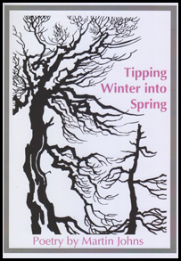 The jacket is white, with a thin grey framing line inside the outer periphery. Then the silhouette of two winter trees fills most of the space. Top right there is a bit of a gap and here is the title, in pink bold lower-case, right-justified over three lines. At the foot of the jacket, just above the grey band are the words 'Poetry by Martin Johns' in the same pink lower case but this time not bold and slightly smaller.