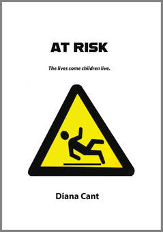 The jacket is white. All text is black and centred. The title is in thick bold caps about a quarter of the way down, with a subtitle below it in very small black italics. It reads 'The lives some children live'. Below this is huge black triangle in the style of a road sign, filled with yellow the the stickman image of a person falling. Below this the author's name in fairly small bold lower case.