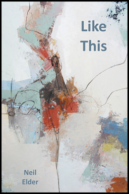 The jacket is white but features an abstract design, which draws the eye to a red splodge in the middle, from which lines or cracks seem to run out. Other bits of the jacket are blue or smudged brown, but mostly white. The title is in pale blue, bold lower case, right justified over two lines in the top right corner. The author's name is in the same font, but very much smaller down to the left at the foot of the pamphlet. No other text.