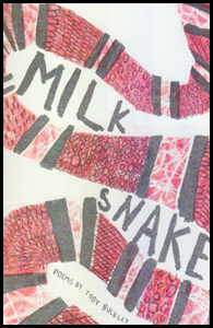 The jacket is an abstract design in white, greenish brown and pink. Four horizontal white shapes, like fish or snakes, go from left slightly downwards towards the right. They are joined by brownish straight lines, not completely straight, maybe handpainted. Behind these shapes everything else is blotchy pink, some areas a paler pink with white veining. The title is painted in huge brown lettering, uneven and handformed, one word on one white shape, the next on the next. The subtitle (POEMS BY TOBY BUCKLEY) is in tiny caps on the bottom white shape., 