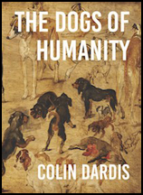 The jacket features a detail from a full cover painting -- this covers the whole cover. It shows dogs, many different shapes sizes and colours and there seems to be a dead one with bleeding innards lying in the middle. The title is very large sans serif caps that occupies the top 25% or more. The author's name is much smaller and at the foot of the jacket. Both pieces of text are right justified.