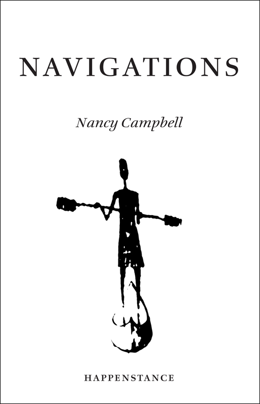 The jacket is cream with text and illustration black. The title (NAVIGATIONS) is centred in the top two inches, taking up most of the width of the A5 cover. Below this, also centred, the author's name in much smaller italic lower-case. Below this is a large image of a kayaker standing in a boat, her paddle held sideways. The publisher name is in very small caps centred at the foot of the page.