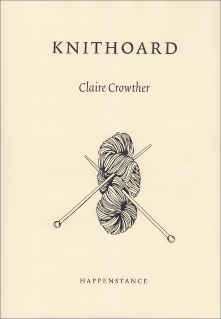 Cream jacket, black text all centred. Title at the top in large-ish caps, an inch below name of author in italics. A large image of a skein of wool with knitting needles stuck through it at angles to make a cross. Tiny caps name of publisher centred at the bottom.
