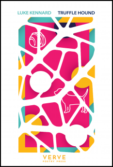 The jacket is white with a central area that occupies most of the jacket. This area carries a design in Verve's hosue colours: turquoise, bright pink, white, mustard yellow, black. It is divided up by thick white paths, like roots or veins. Two white circles occur. Against the pink, there is a pwhite dog, and top left possibly a dog kennel. Or, no, I think it is a chocolate truffle! The name of poet and pamphlet are in small caps on top of the design area, the poet's name in turquoise then (same line, same size) the pamphlet name in black. At the foot of the jacket is the publisher's name in mustard.