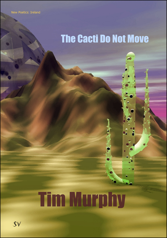 The jacket shows a full colour painting with a huge green cactus to the front left. Behind is what appears to be a mountain range, and behind this something large, circular and crystalline (like a sci fi edifice). The sky is blue and white streaked with purple. There are strange greeny streaks on the ground. The title of the pamphlet is in the sky. Fairly small pale blue sans serif lower case, justified right. The author's name is centred in dark purle at the foot of the jacket.