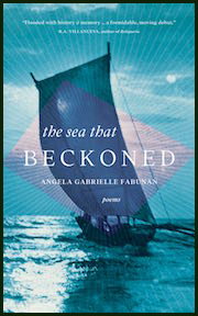 The dominant colour of the jacket is blue, and it has a large photograph of a sailing boat with full sail taking up the full jacket. The sky has a sun half hidden behind cloud, the sea is shiny and bright (but calm), the sail leans into the wind. Everything is a shade of blue. The title is in white with the word BECKONED picked out in huge caps position exactly in the middle of the jacket. The words 'the sea that' are in lower case italics much smaller on the line above, but not centred, more pushed towards the left. The author's name is below 'BECKONED' in small white caps. Below this in tiny italics the word 'poems'. There is an endorsement quote in white, very small and centred, in the sky at the top.