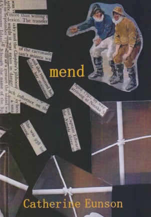 Collage cover of book print, a cut-out picture of two sea-faring figures etc. Yellow lettering