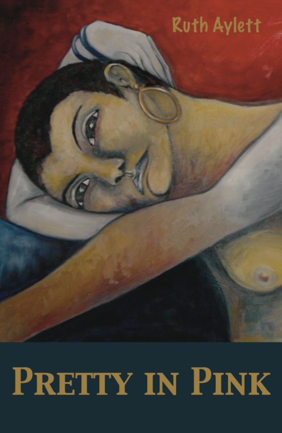 Painting of a woman, background in red and blue, yellow lettering