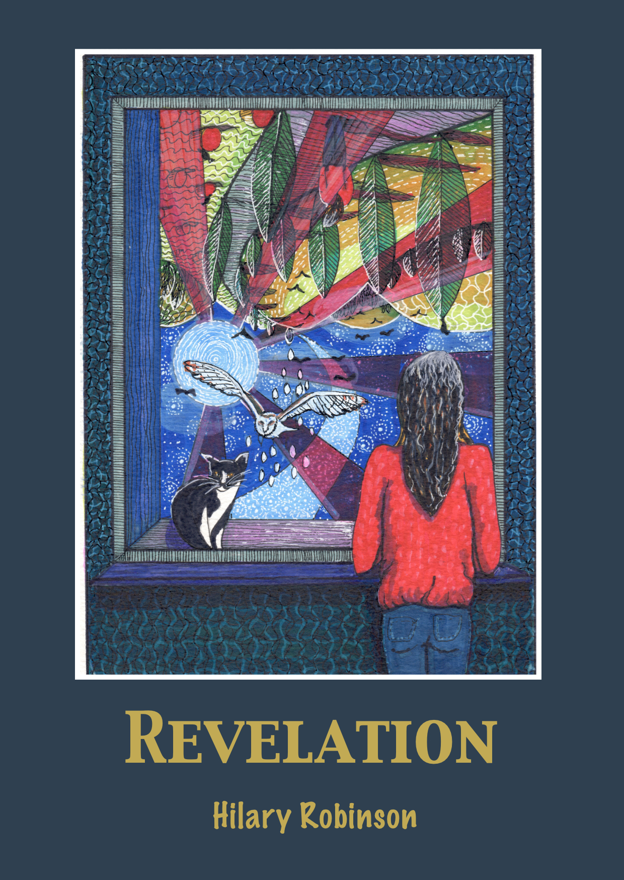Slate blue cover framing a painting of a girl looking at a colourful painting