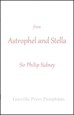 Plain off white cover. Centred, small lower case the word 'from', then much larger centred and occupying the full spread of the cover, Astrophel and Stella. Below this just into the lower half of the jacket, Sir Philip Sidney. At the bottol, small lower case Greville Press Pamphlets. All lettering is red, though the colour of the press itself much paler than the rest.